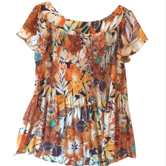 Women's Colorful Floral Print Accordion Pleated Button Closure Smocked Top 18/20 - Picture 3 of 7